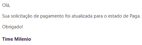 Exemplo de e-mail enviado quando a despesa for paga